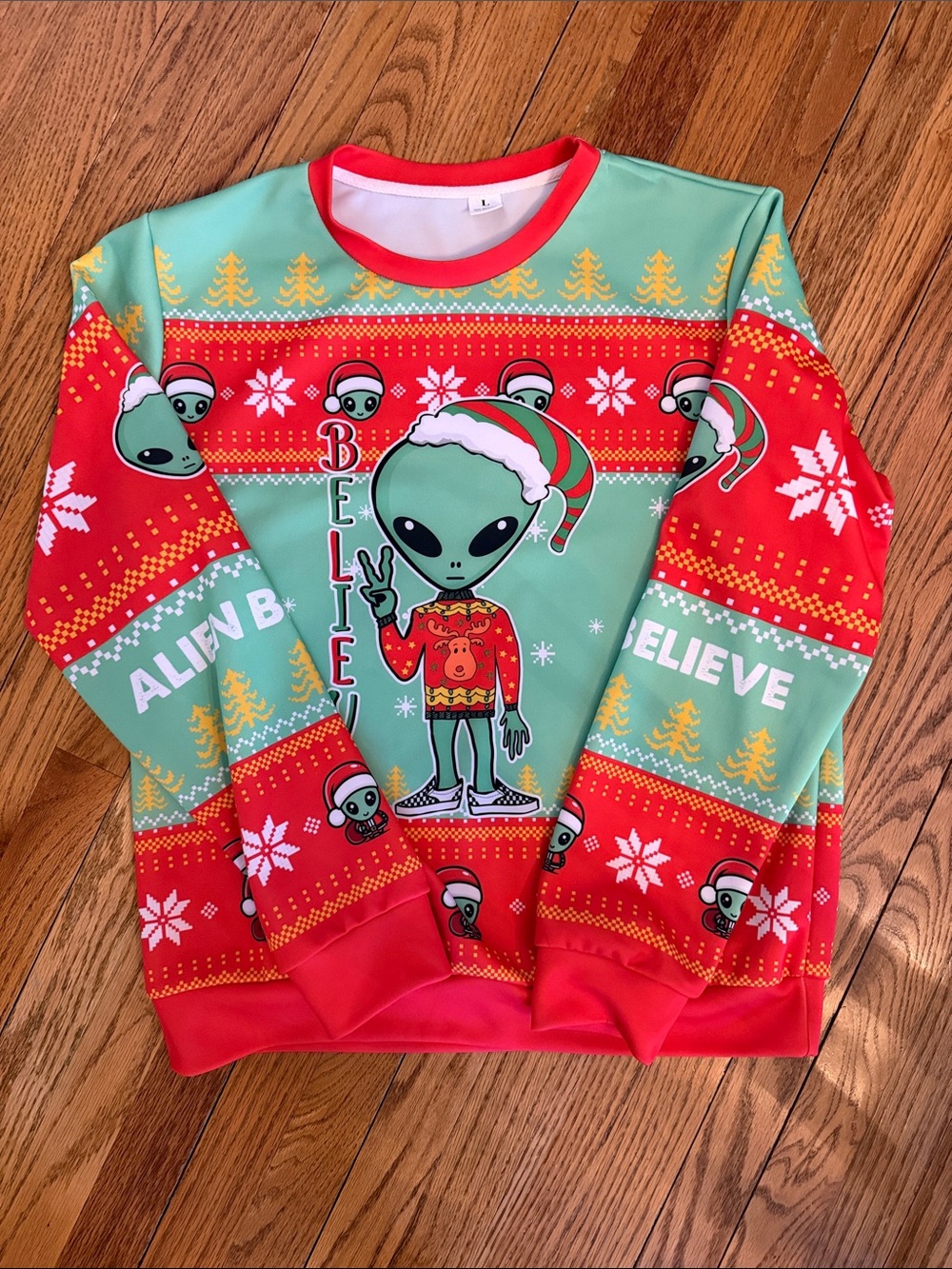 Source Unknown Red and Mint Green Alien Believe Crewneck Sweater